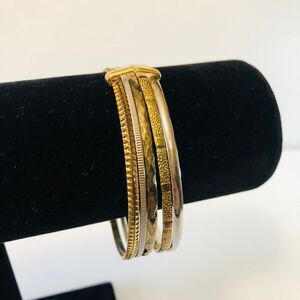 90s Style Gold Silver Tone Metal Bangles Hammered & Geometric Design